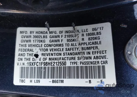 2017 Honda Civic Touring z USA, uszkodzony, nr VIN 19XFC1F98HE212550